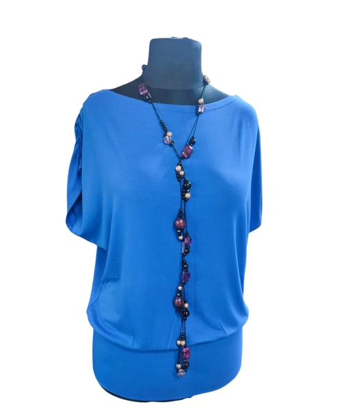 Bluzka z krótkim rękawkiem kimono z koronką na plecach - chabrowa